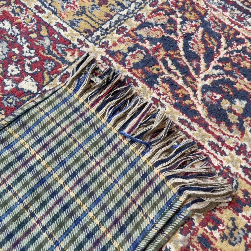 VTG 80s 90s Classic Plaid Scarf Fringe Wool Blend Green Blue Yellow check‎ 60